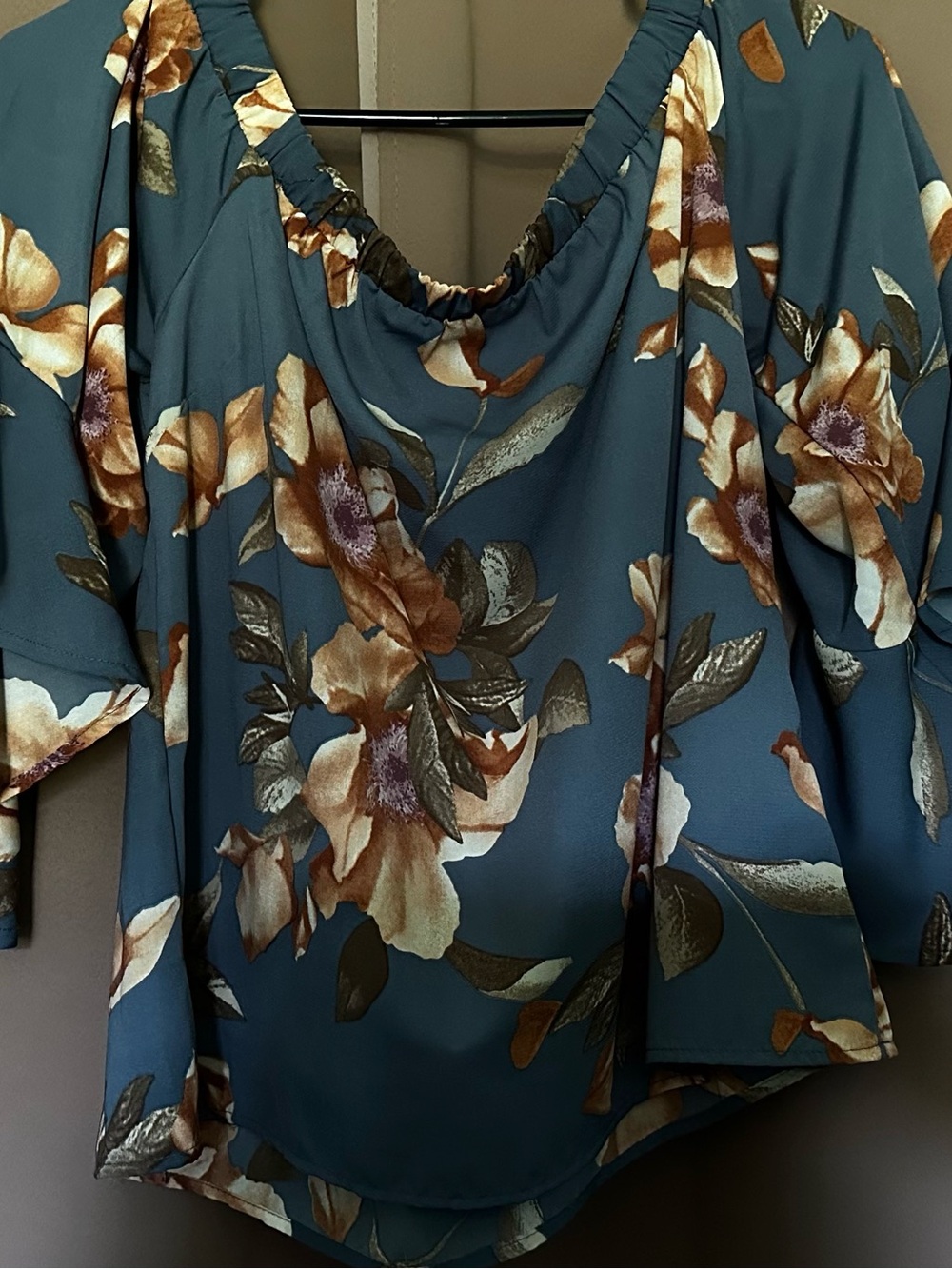 VENUS Teal Floral Off-Shoulder Blouse with Brown Blooms